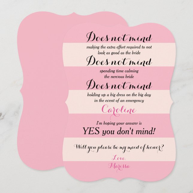 Funny Will You Be My Maid of Honor Rose and Blush Invitation (Front/Back)