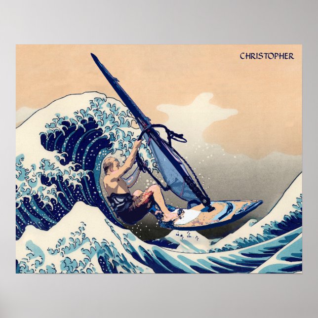 Funny Windsurfing Surfer On The Hokusai Great Wave Poster (Front)