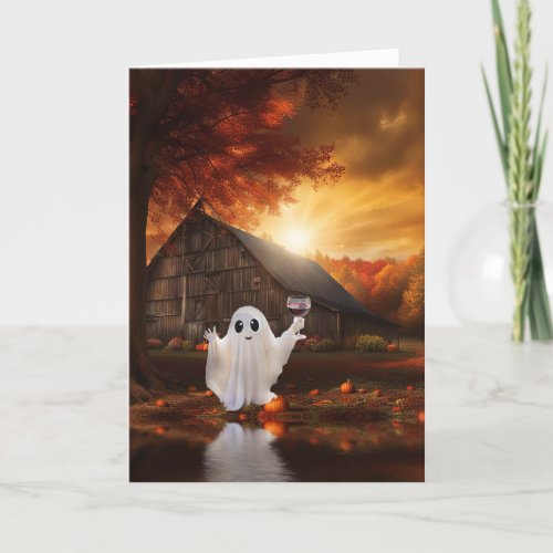 Funny Wine and Ghost Happy Halloween Spirits Card