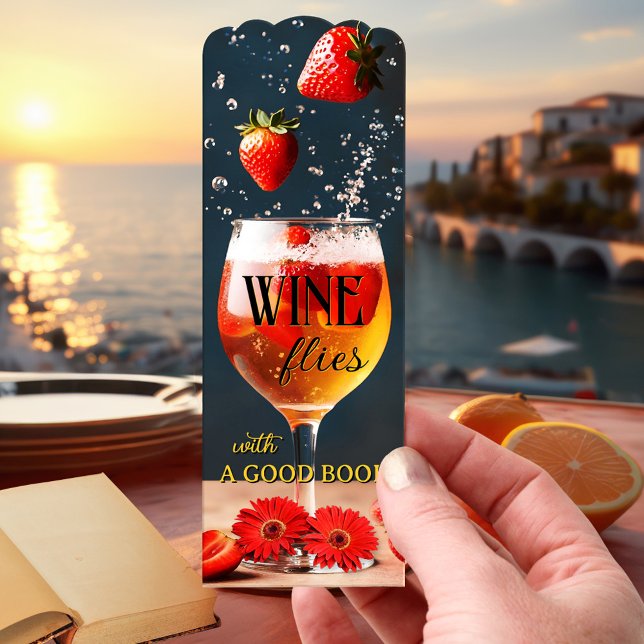 Funny Wine and Strawberries  Bookmarks (Whimsical funny bookmark featuring a glass of wine with flying strawberries)