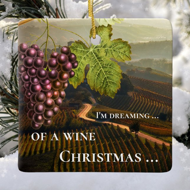 Funny Wine Christmas Personalized Ceramic Ornament (Ornament featuring a landscape scene with vineyards and an image of grapes with vine ranks)