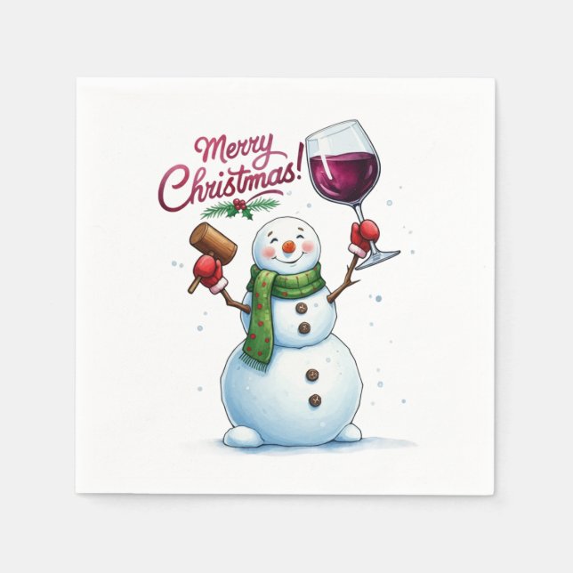 Funny wine drinking snowman Holiday party  Napkins (Front)