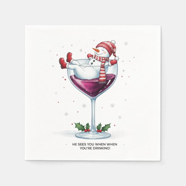Funny wine drinking snowman Holiday party  Napkins (Front)