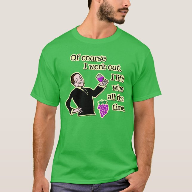 Funny Wine Drinking Work Out Humor Cartoon T-Shirt (Front)