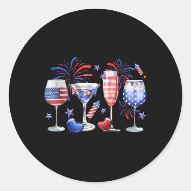 Funny Wine Gl Red White Blue Firework Happy 4th Of Classic Round Sticker (Front)