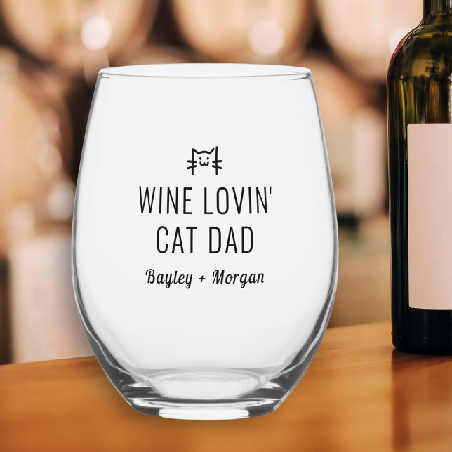 Funny Wine Loving Cat Dad Personalized Names Stemless Wine Glass (Creator Uploaded)