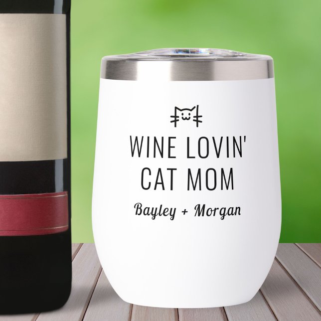 Funny Wine Loving Cat Dad Personalized Names Thermal Wine Tumbler (Creator Uploaded)