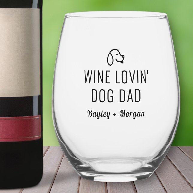 Funny Wine Loving Dog Dad Personalized Names Stemless Wine Glass (Creator Uploaded)
