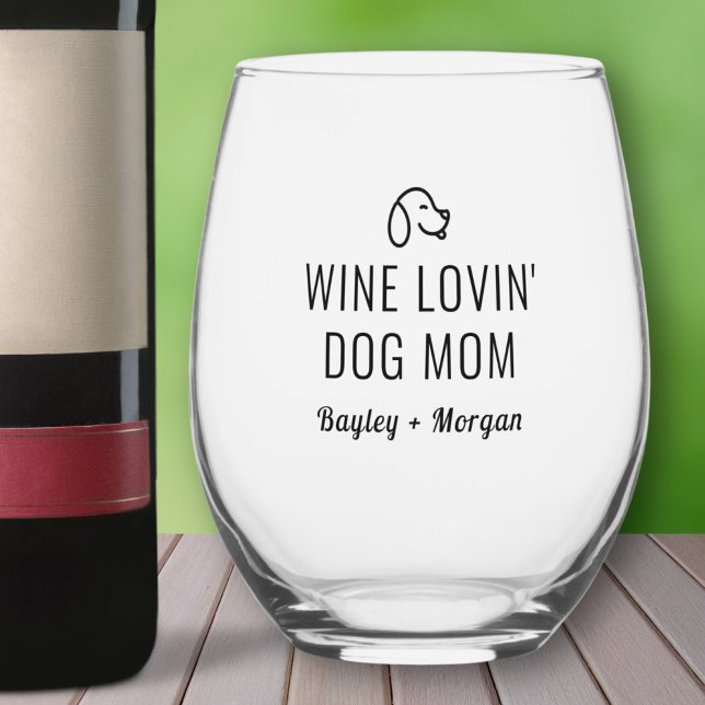 Funny Wine Loving Dog Mom Personalized Names Stemless Wine Glass (Creator Uploaded)