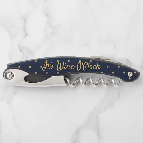 Funny Wine OClock Blue Gold Polka Dot Quote Waiters Corkscrew