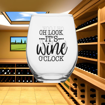Funny Wine O'clock Word Art Stemless Wine Glass by DoodlesGifts at Zazzle