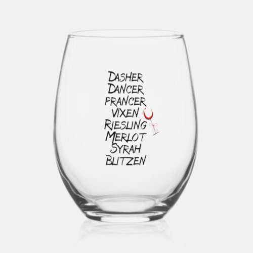 Funny Wine Reindeer Names Christmas Holiday Stemless Wine Glass