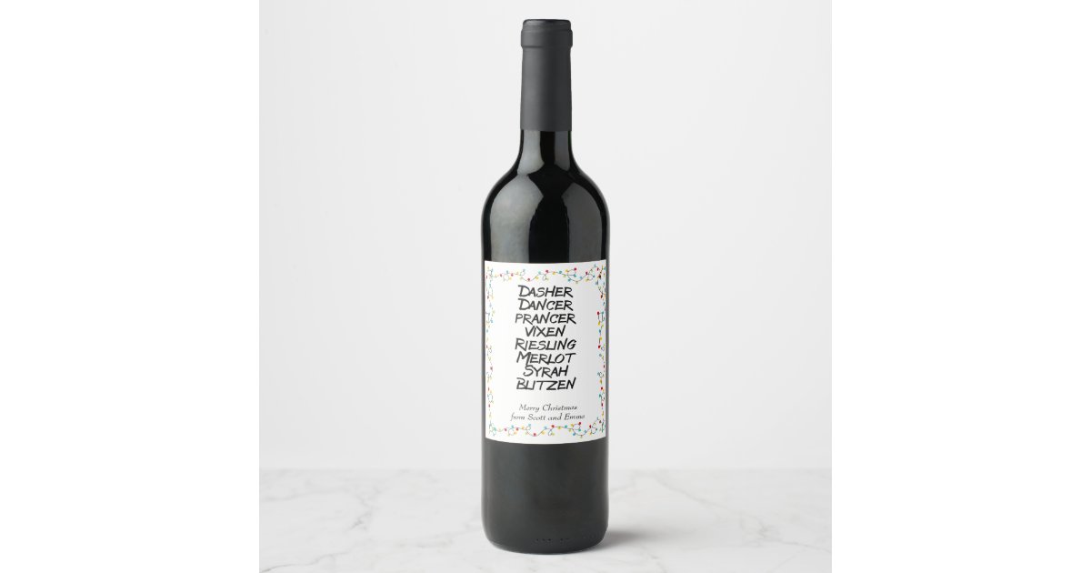Funny Wine Reindeer names Christmas Lights Wine Label | Zazzle