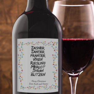 Funny Wine Reindeer names Christmas Lights Wine Label
