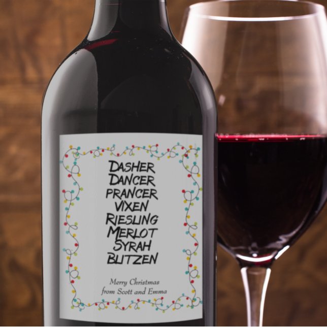 Funny  Wine Reindeer names Christmas Lights Wine Label (Creator Uploaded)