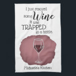Funny Wine Saying Quote Rescued From Bottle Kitchen Towel<br><div class="desc">Celebrate your favorite wine lover with this funny and charming kitchen towel featuring a red wine watercolor illustration and the playful quote, “I just rescued some wine. It was trapped in a bottle.” Perfect for anyone who enjoys a good laugh with their merlot, this design adds personality to any kitchen...</div>