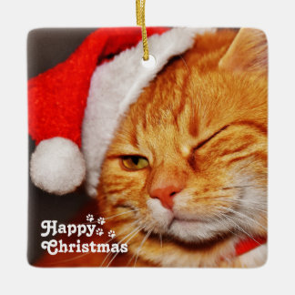 Funny Wink Cat Santa&Happy Christmas Unique Ceramic Ornament