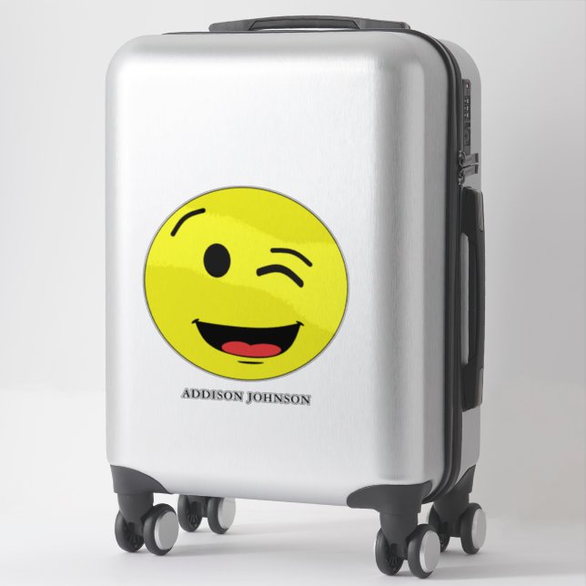 Funny Wink & Smile Emoji Yellow Face Add Name 14" Sticker (Suitcase)