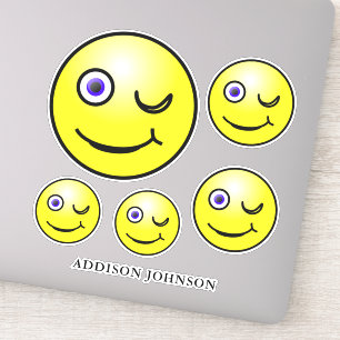 Funny Wink & Smile Emoji Yellow Faces Add Name 8" Sticker