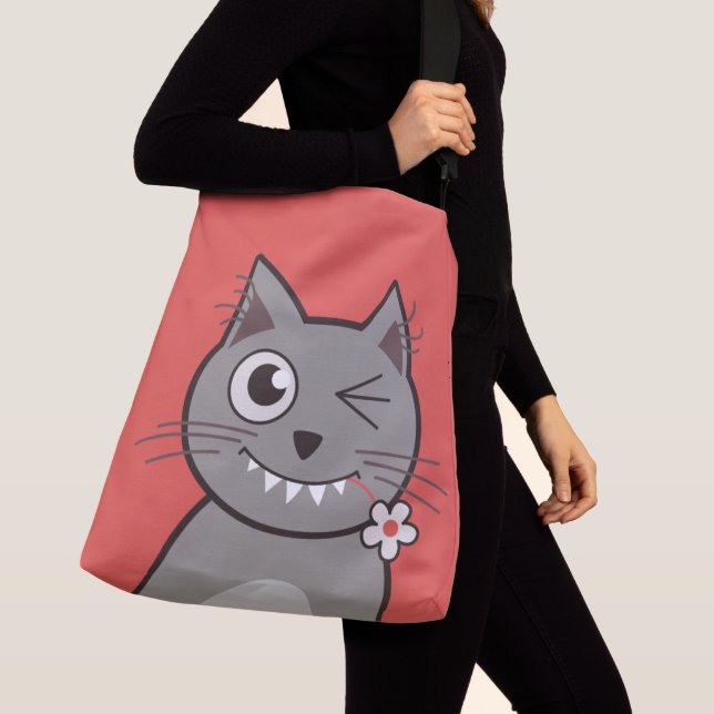 Funny Winking Cartoon Kitty Cat Crossbody Bag (Close Up)