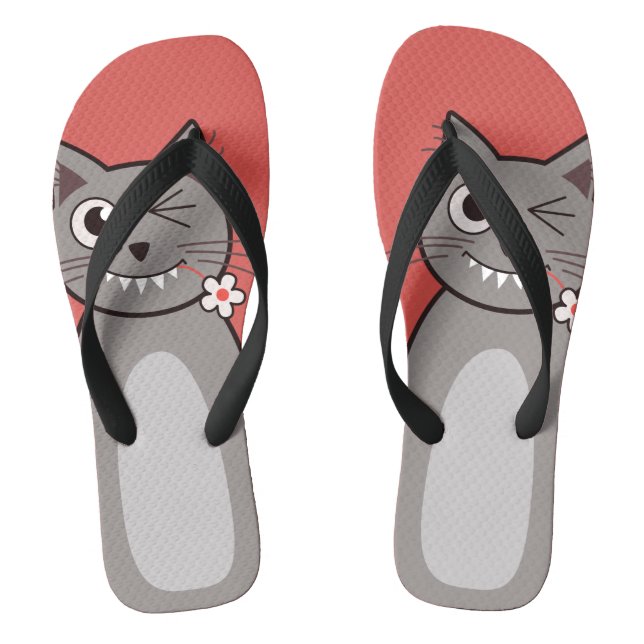 Funny Winking Cartoon Kitty Cat Flip Flops (Footbed)