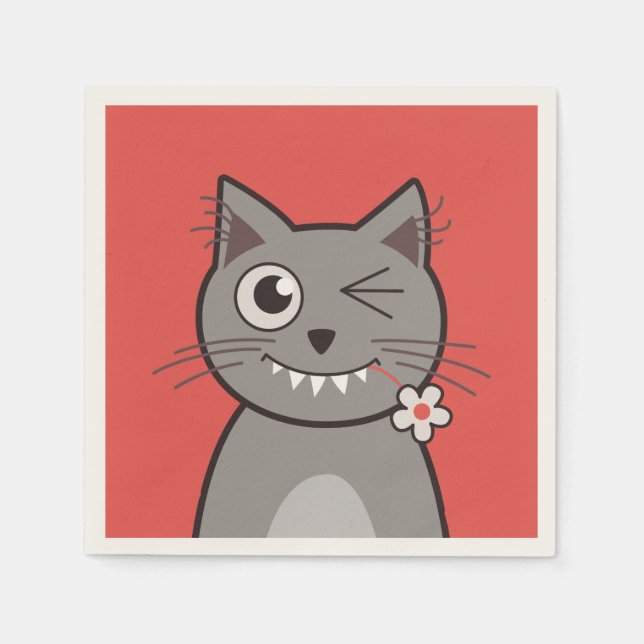 Funny Winking Cartoon Kitty Cat Napkins (Front)