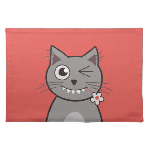 Funny Winking Cartoon Kitty Cat Placemat