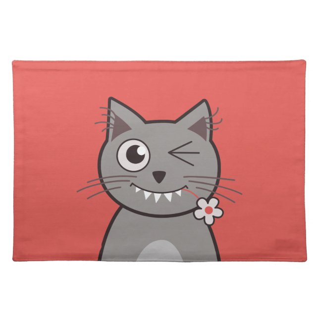 Funny Winking Cartoon Kitty Cat Placemat (Front)