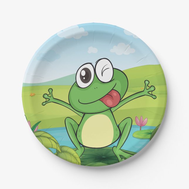 Funny Winking Frog on Lily Pad Pond Paper Plates (Front)