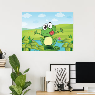 Funny Winking Frog on Lily Pad Pond Poster