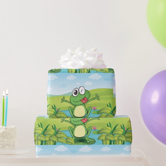 Funny Winking Frog on Lily Pad Pond Wrapping Paper (Creator Uploaded)