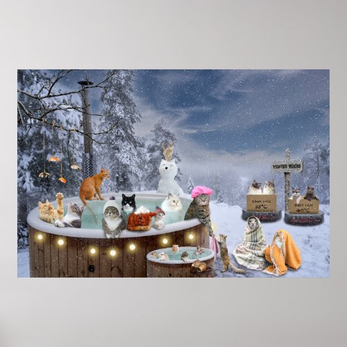 Funny Winter Cats in Hot Tub Cat Lover Art Poster