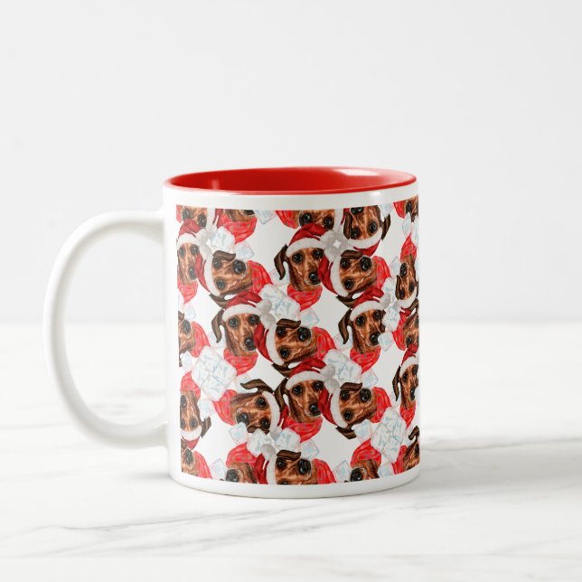 Funny Wire Haired Dachshund Christmas Pattern Two-Tone Coffee Mug (Left)