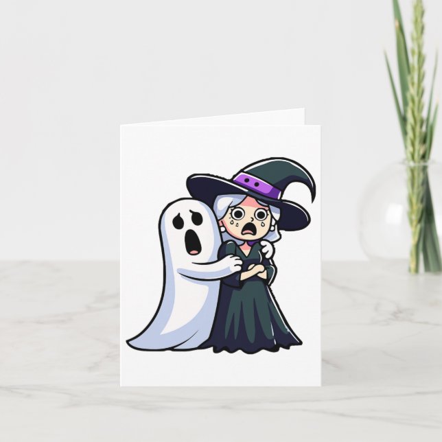 Funny Witch And Ghost Scared Face Halloween Couple Card (Front)