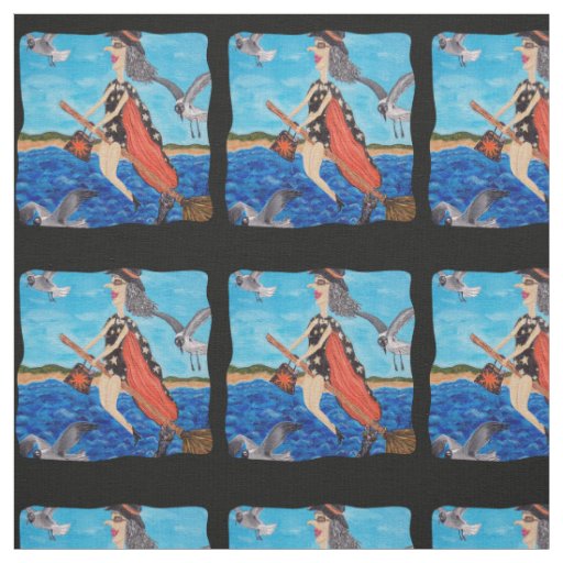 Funny Witch Bathing Suit Flying over Beach Cat Fabric