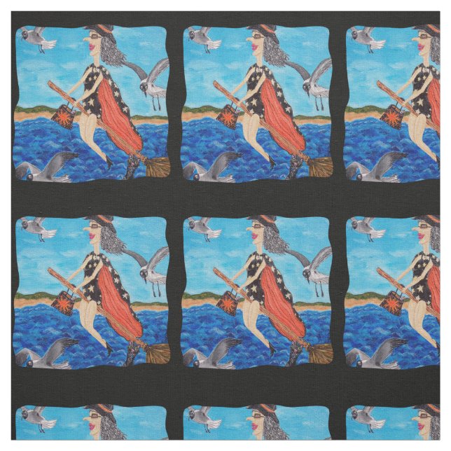 Funny Witch Bathing Suit Flying over Beach Cat Fabric (Swatch)