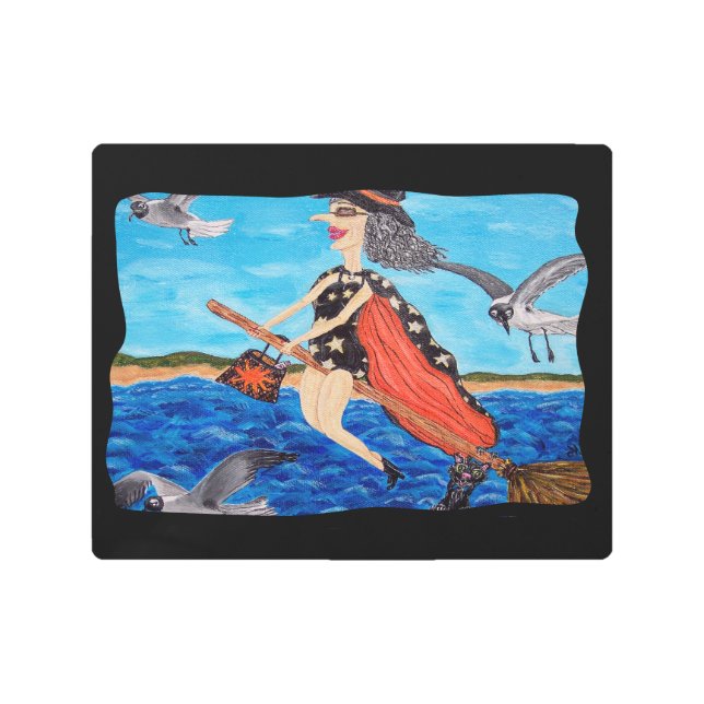 Funny Witch Bathing Suit Flying over Ocean Broom Metal Print (Front)