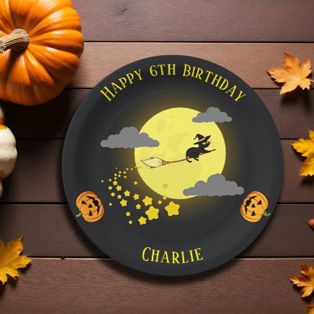 Funny Witch Black Cat Cartoon Halloween Birthday Paper Plates (Creator Uploaded)
