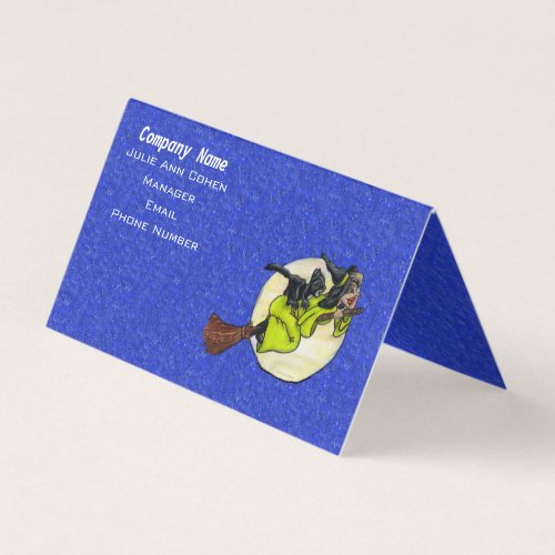Funny Witch Flying on Broom Cat on Back Moon Blue Business Card