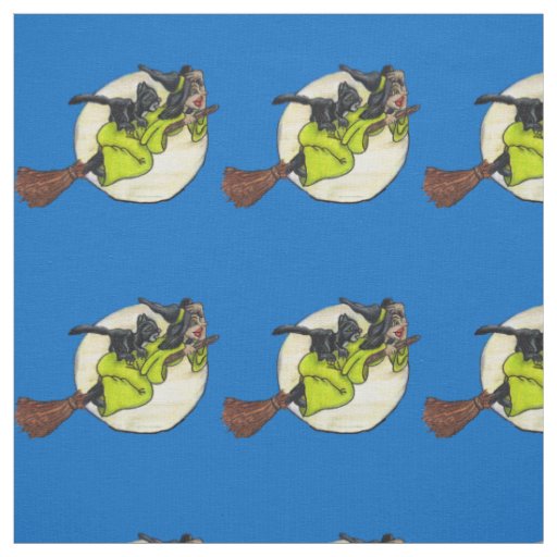 Funny Witch Flying on Broom with Black Cat Moon Fabric