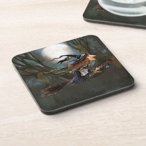 Funny Witch Flying on Broomstick Halloween Beverage Coaster