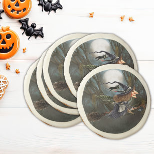 Funny Witch Flying on Broomstick Halloween Sugar Cookie