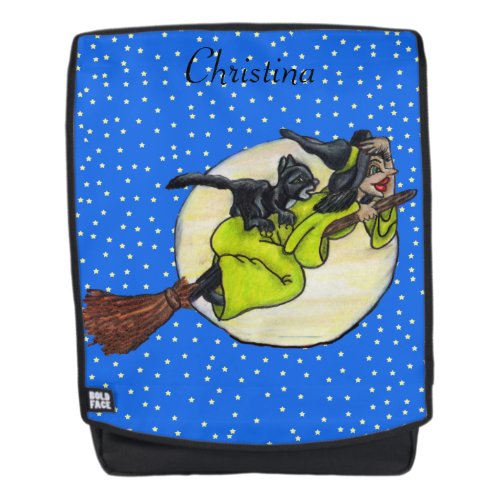 Funny Witch Flying past Moon on Broom With Cat Backpack