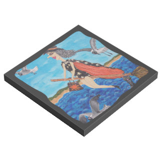 Funny Witch Flying to Beach Bathing Suit Seagulls Gallery Wrap