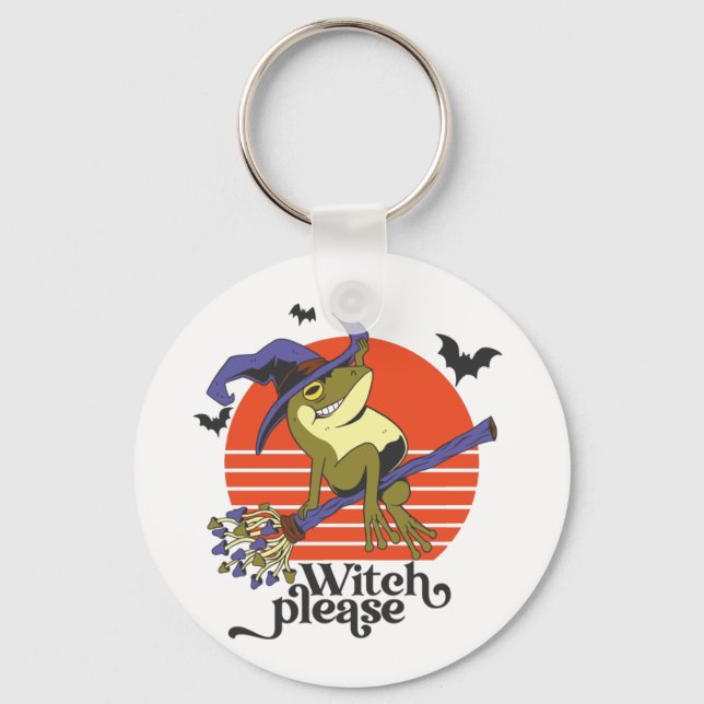 Funny Witch Frog Riding Broomstick Halloween Keychain (Front)