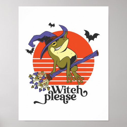 Funny Witch Frog Riding Broomstick Halloween Poster