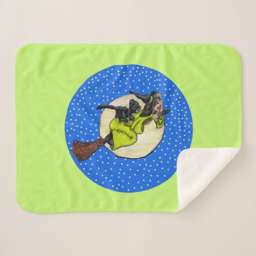 Funny Witch Green Dress Flying on Broom Cat Stars Sherpa Blanket