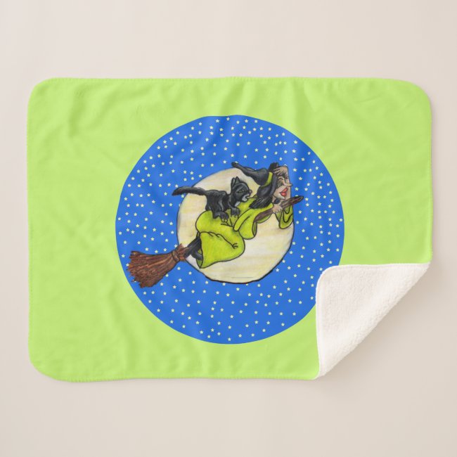 Funny Witch Green Dress Flying on Broom Cat Stars