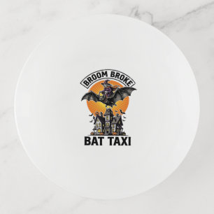 Funny Witch Halloween Broom Broke Bat Ride_1 Trinket Tray