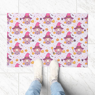 Funny Witch Halloween Pattern with Pumpkins, Bats Doormat